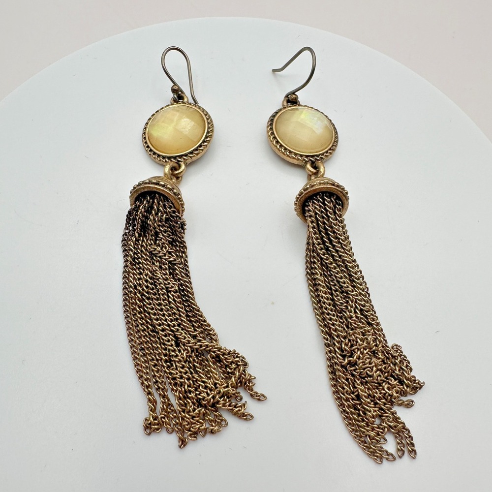 Vintage Gold Tone Faux Moonstone Tassel Dangle Earrings Boho Statement